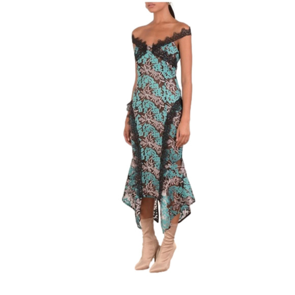 NWT Elliatt Quartz Dress Gown Peacock Black Teal Lace Brocade Embroidery Sm